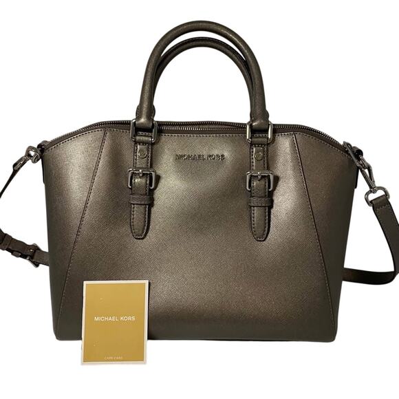 Michael Kors Ciara Gray Metallic Large Satchel Handbag - Picture 1 of 9